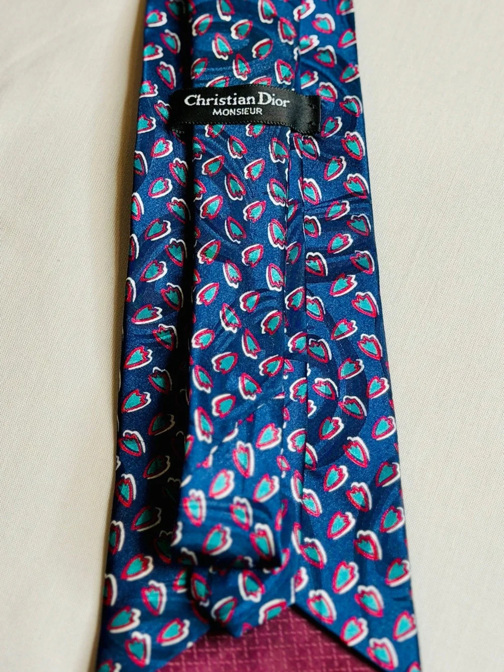 Dior Navy Blue Paisley Silk Tie with Pink Accents